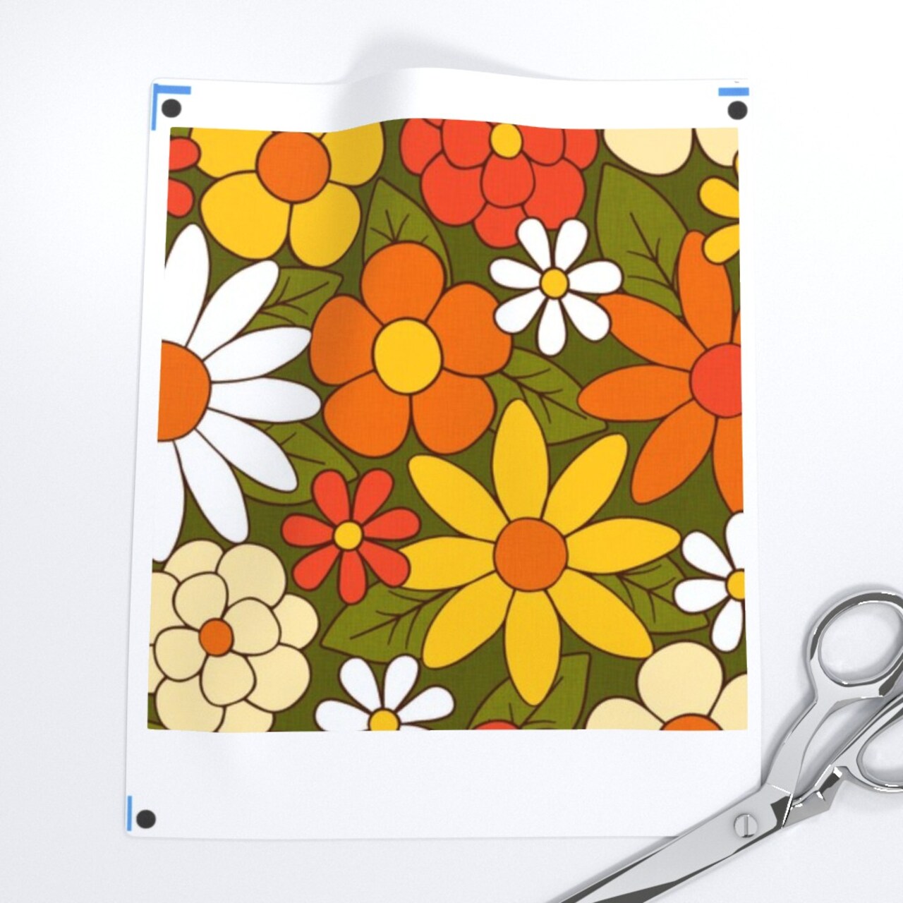 Retro Groovy Botanical Vintage Style Orange Yellow Flowers Green Custom Printed Fabric by Spoonflower Various Fabrics by the Yard or Fat Quarter